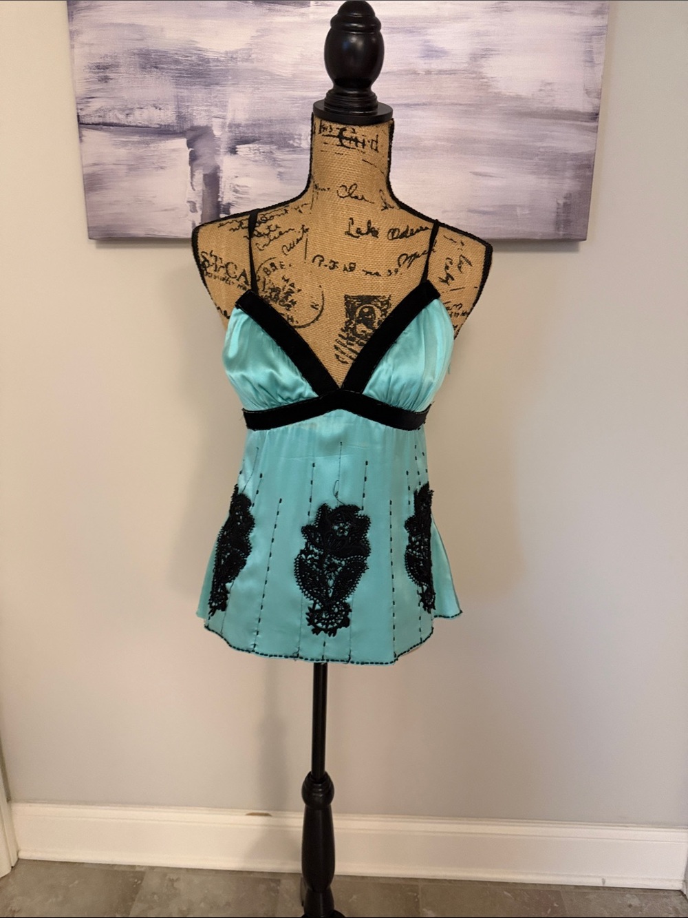 bebe Aqua Satin Camisole with Black Lace Appliqué